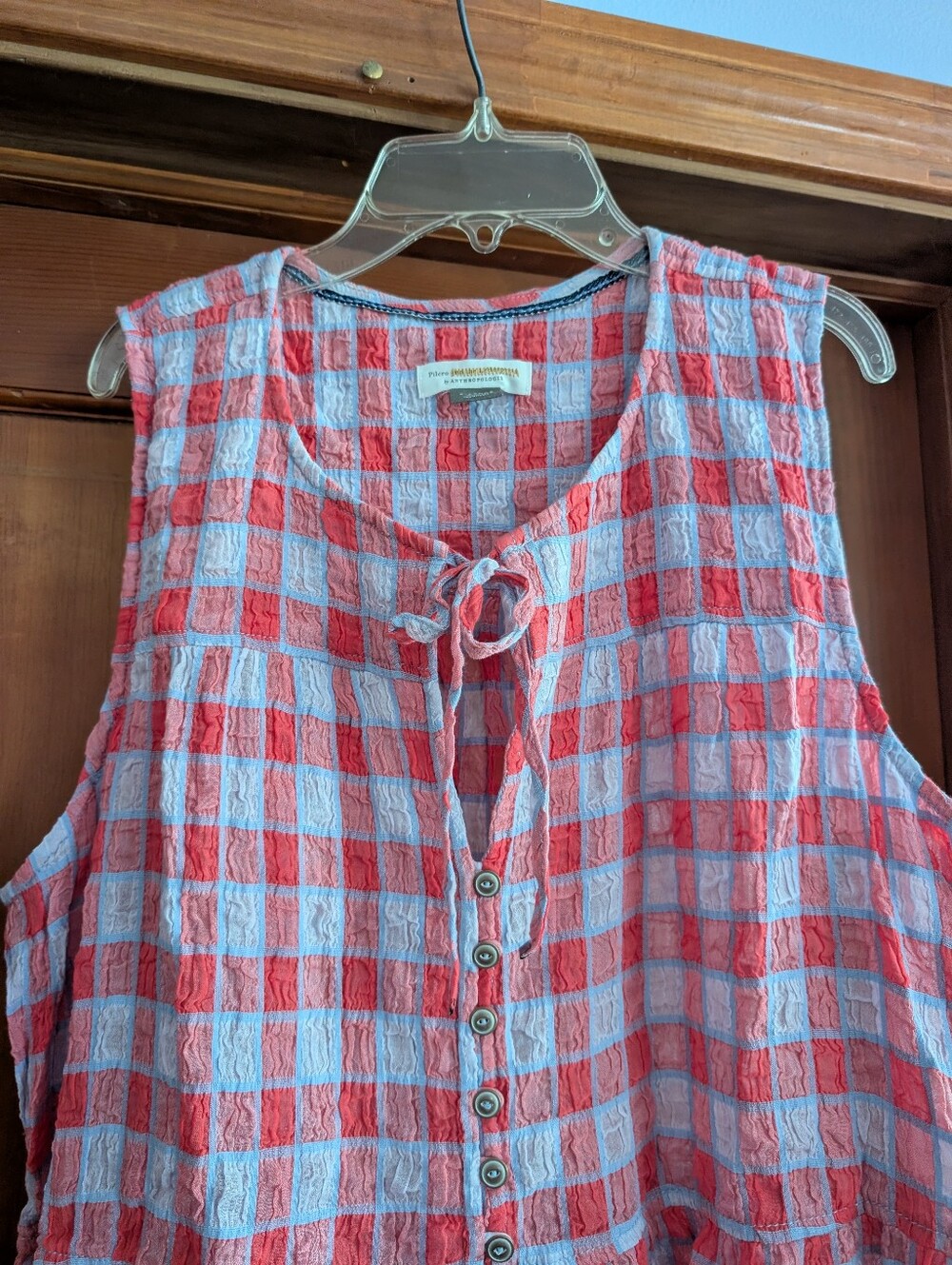 NWOT Pilcro By Anthropologie Sleeveless Tie-Front Checkered Top in Red and Blue